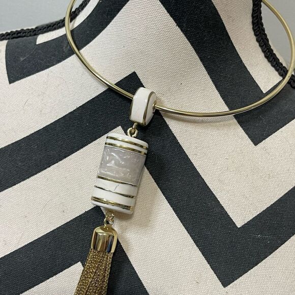 Chicos Long Tassel Necklace Gold Ceramic Adjustable - Picture 2 of 6